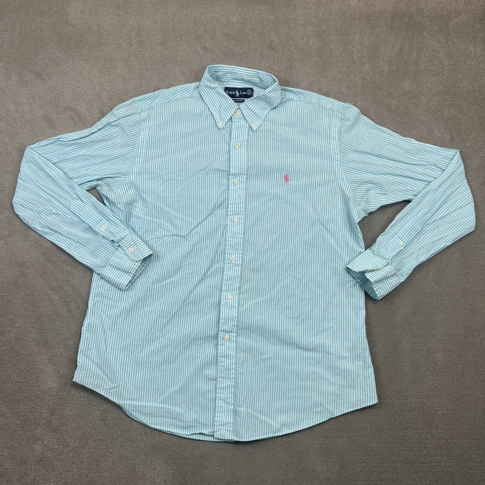 Ralph Lauren Shirt Mens Large Custom Fit Blue White Striped Pony Logo Cotton L